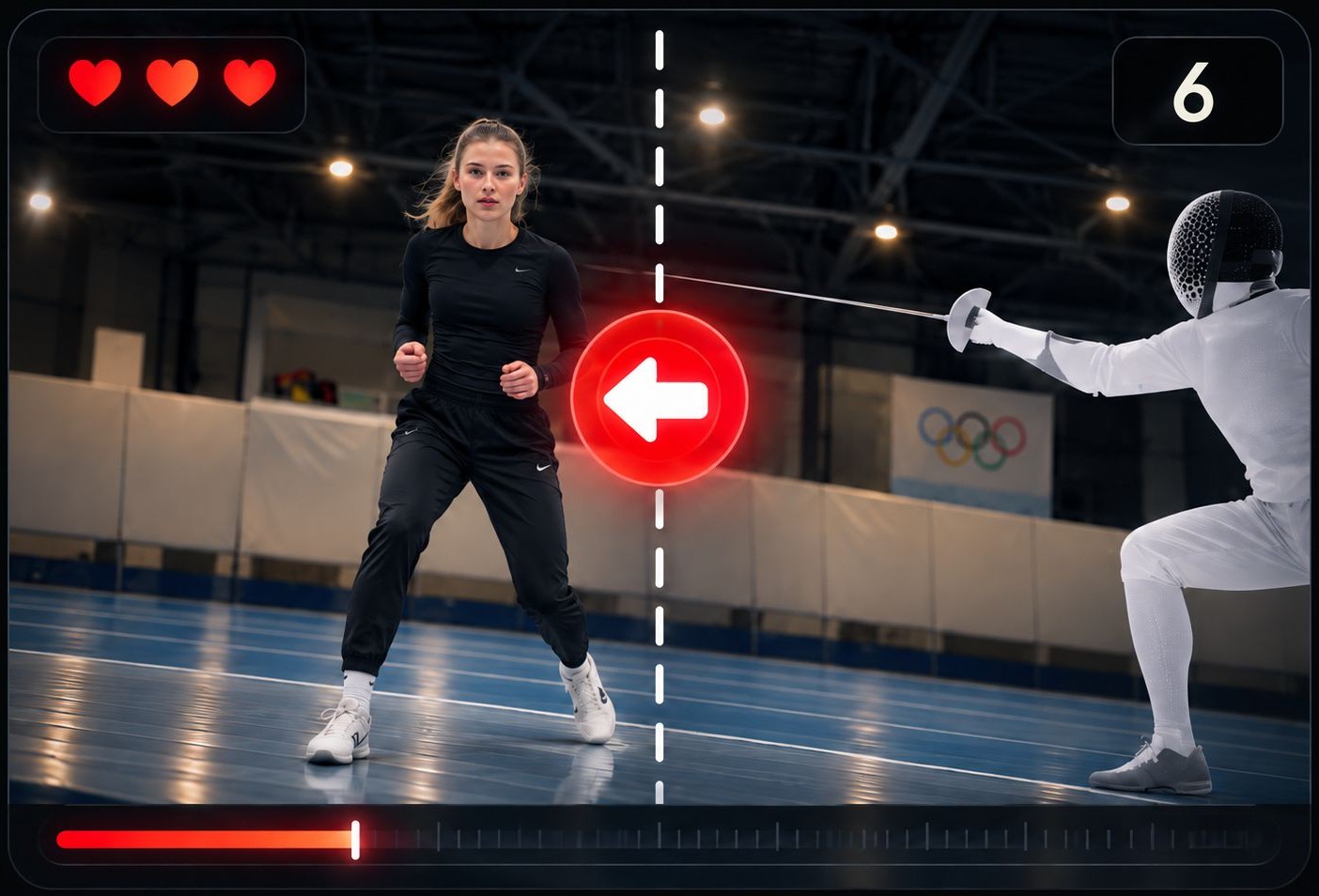 صفحه‌ی تمرین RaxUp Athletes: ورزشکاری در یک تمرین حرکتی مقابل یک شمشیرباز به نشانه‌ی قرمز فلش به چپ واکنش نشان می‌دهد؛ سه قلب برای جان‌ها، امتیاز ۶ و نوار پیشرفت جلسه