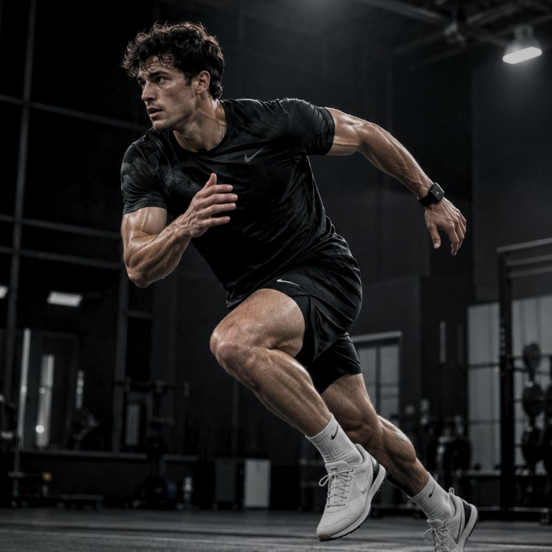Athlete sprinting in a training hall wearing the ATHLX sensor