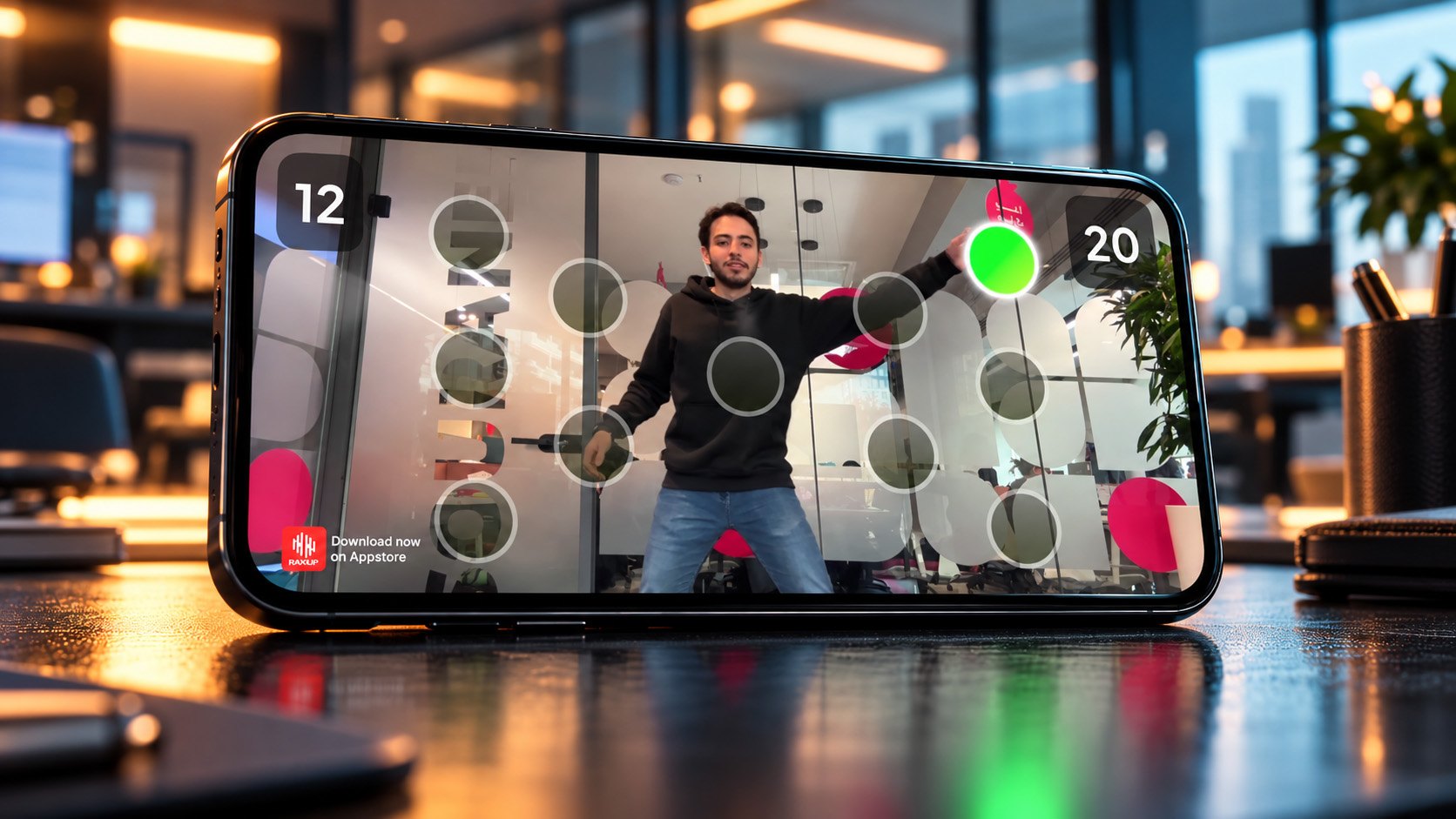 RaxUp Wellness on a phone in an office: an employee reaching for targets in a movement challenge, with score and timer on screen