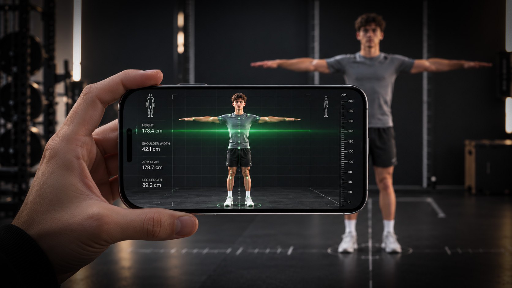 An iPhone held up to scan an athlete standing with arms outstretched, showing height, shoulder width, arm span and leg length