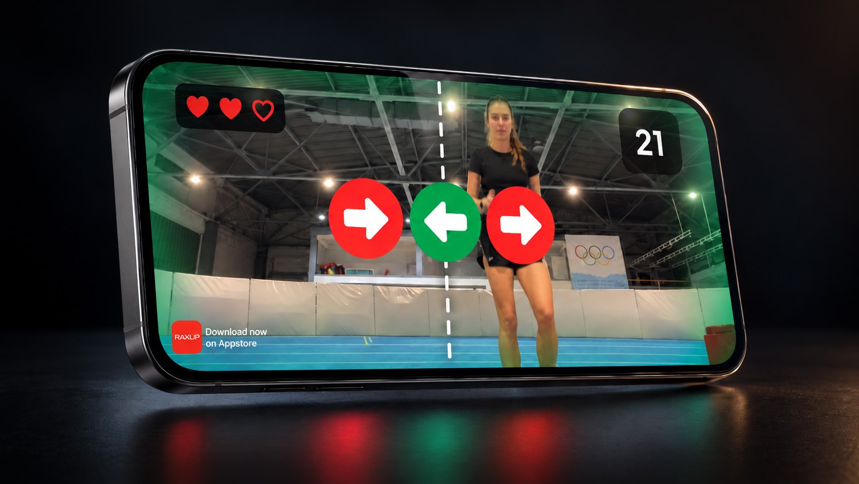 RaxUp Athletes on a phone: an athlete in a training hall reacting to left and right arrow cues, with lives and score on screen