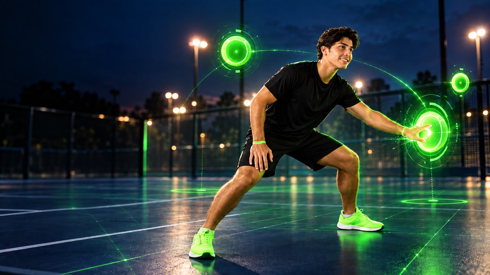 Athlete on a night court reaching for glowing AR targets during a RaxUp reaction drill