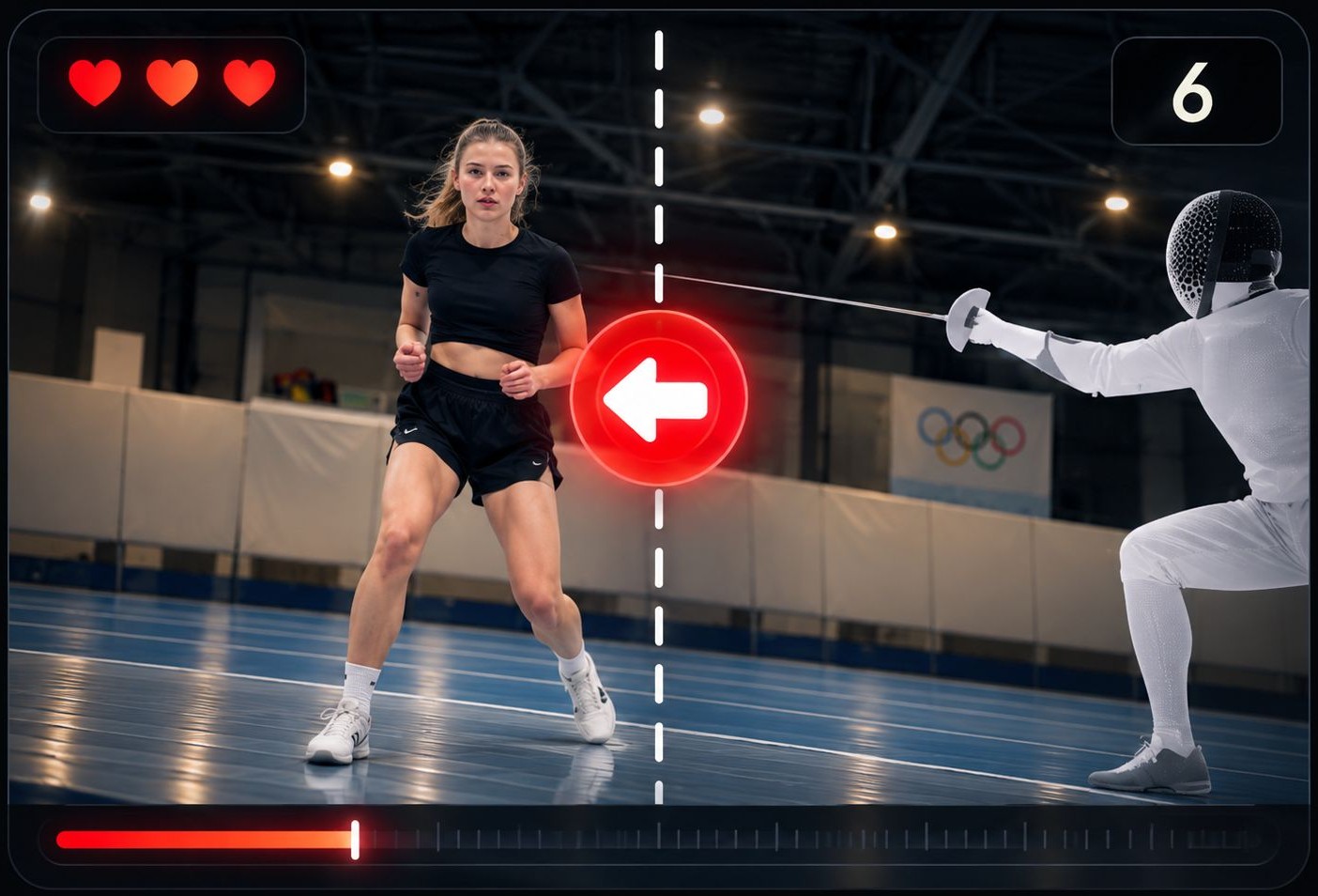 RaxUp Athletes training screen: an athlete reacts to a red left-arrow cue during a movement drill against a fencer, with three hearts for lives, a score of 6 and a session progress bar