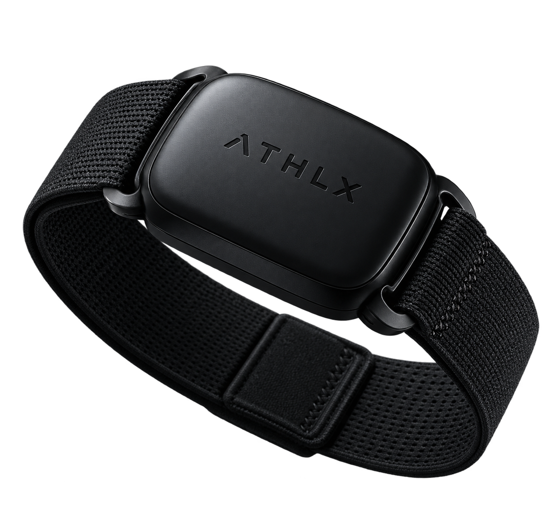 The ATHLX wearable: a matte black sensor pod on an elastic knit strap