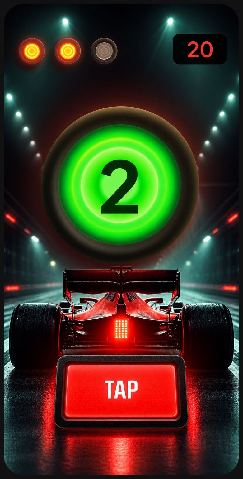 RaxUp Athletes reaction exercise: a race-start drill with a green go light showing 2 above a race car, start lights at the top, a score of 20 and a large red TAP button